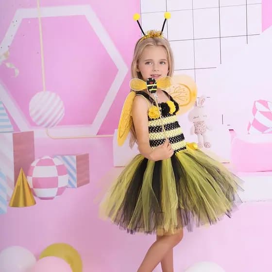 Meninas vestido de malha flor abelha fofo traje de desempenho de dança de férias infantil