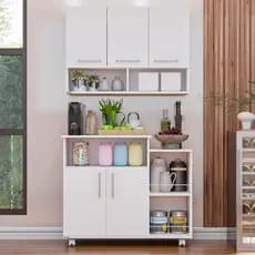Cozinha Compacta Armário 3 Portas e Balcão Multiuso com Rodinhas e Suporte Microondas