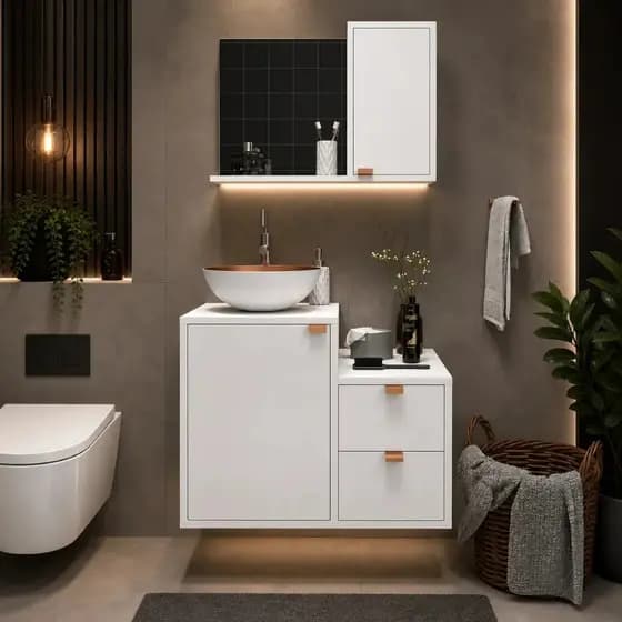 Kit Armario de Banheiro Completo COM CUBA e ESPELHO 1 Porta 2 gavetas Gabinete Pia Lava Love&Home