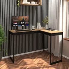 Escrivaninha Mesa de Canto Escritório Home Office 110cm Industrial Preto Tampo Mesa em L Laminado
