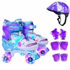 Patins Quad Rainbowstars 4 Rodas Infantil Lançamento da Sereia com luz de Led em todas Rodinhas + KIT PROTEÇÃO + BOLSA