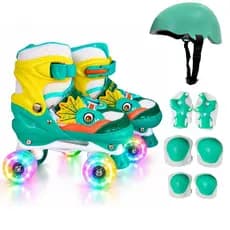 Patins Dinossauro Quad 4 Rodas Infantil Tamanha Regulável Com Rodinhas de LED C/ Bolsa + KIT PROTEÇÃO TOP!