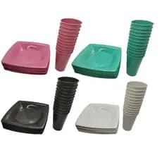 Kit com 6  Pratos Quadrados + 6 Copos 300ml Reutilizável - Lanche, Refeições