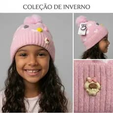 Gorro Touca Infantil Unissex Tricotado Forro Lã de Cordeiro - Quente e Macio com Pompons 3 a 9 Anos