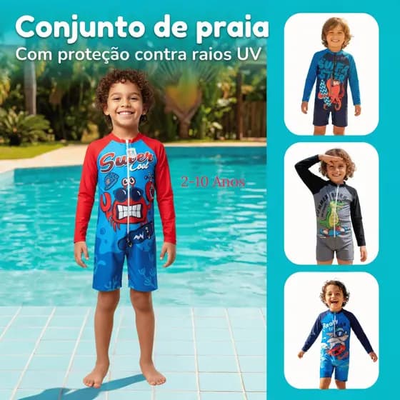 Macacão Infantil Maiô De Menino Manga Longa Com Proteção Uv 50+ De Uma Peça Para Verão Praia Piscina