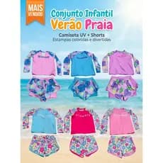 Kit Praia Feminino Biquini Infantil Juvenil Blusa Manga Longa Protecao UV50+ Short Moda Praia Verao