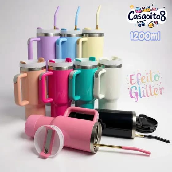 Copo Térmico Garrafa Virginia Neymar  1.2L Perolado Logo ST Canudo Metal  com ou sem Protetor Garrafa p/ Agua Gelada