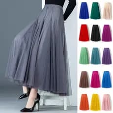Saia Midi Longa de Tule em A de 3 Camadas para Mulheres Cintura Alta Casual Elegante Maxi ZJJE 6KKG