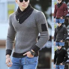 Suéter Masculino de Malha Fina com Mangas Longas e Gola de Cachecol, Suéter em Patchwork DYXU