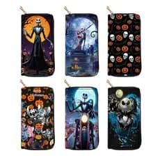 Carteira Caveira PU com zíper longo Halloween Natal Horror Night Print Clutch Wallet