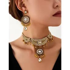 Vintage Luxo Céu Azul Cristal Redondo Brinco Colar Nupcial Conjunto De Jóias De Casamento Geométrico Contas Douradas Bor
