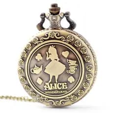 Relógio de Bolso Vintage Alice no País das Maravilhas em Bronze com Colar