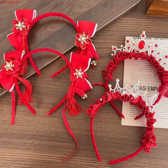 JUNYUE Faixa De Cabeça De Ano Novo Chinês , Coroa De Flor Vermelha , Borla Tang Terno Argola De Cabelo De Pelúcia Hanfu