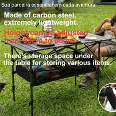 Mesa dobrável externa portátil  altura ajustável, suporta até 120kg,  para camping e churrasco