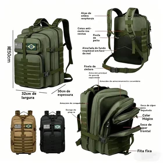 Mochila Militar Tática 50 Litros Grande Reforçada Impermeável Ideal para uso outdoor, trilha e ciclismo