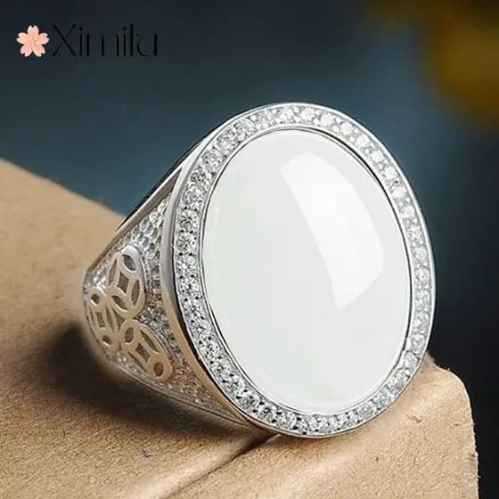 ♥ Platina Grande Anel De Moeda De Jade Natural Branco Oval Jóias Femininas Cute Artesanato anel masculino homens acessór