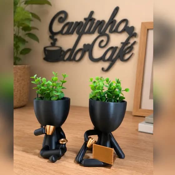 Placa Cantinho do Café Decorativa com Bonecos e Plantas Inclusas Kit Completo para Cozinha Gourmet