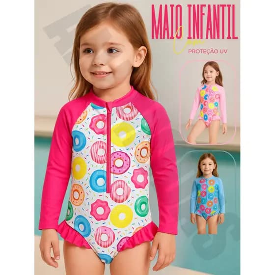 Maiô Manga Longa Infantil UV 50+ Secagem Rápida Ideal Praia e Piscina Menina