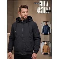 Jaqueta Masculina Peluciada Por Dentro Sarja/Nylon Com Capuz Removível Frio Inverno