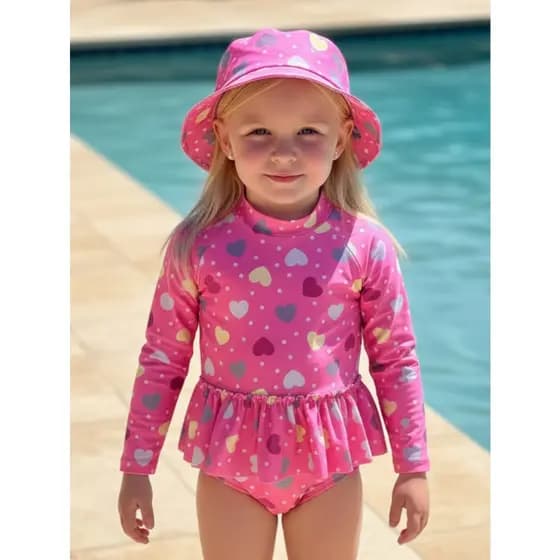 Maiô Infantil Menina Proteção Solar UV Com Chapéu Roupa Praia Menina Bebê Luxo