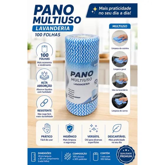Rolo de Pano Multiuso para limpeza em geral 100 Folhas limpeza prática, eficiente e sem desperdícios