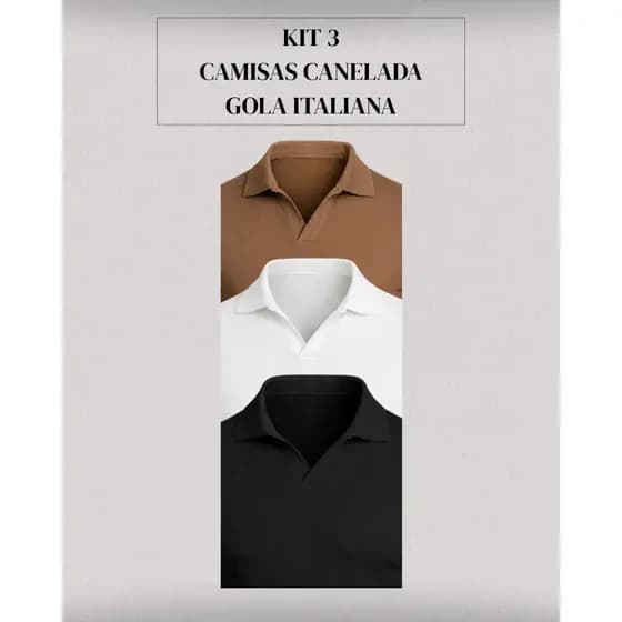 Kit 3 Camiseta Gola Italiana Com Decote Em V Polo Canelada Texturizada