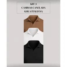 Kit 3 Camiseta Gola Italiana Com Decote Em V Polo Canelada Texturizada