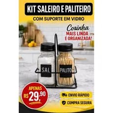 Kit Saleiro e Paliteiro de Vidro com Suporte – Porta Sal e Palito para Cozinha e Mesa