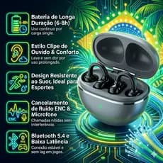 Fone de Ouvido Bluetooth de Clip na Orelha | Áudio Estéreo Hi-Fi | com Microfone - Fone para Esporte Resistente ao Suor