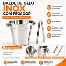 Balde de Gelo Inox com Pegador Pinça 12cm Para Bebidas Festa Churrasco Bar Cozinha