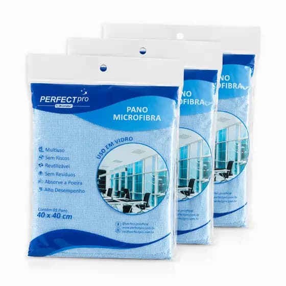 Kit 3 Panos Microfibra Limpa Vidros Telas Espelhos 40x40cm Azul Perfect Pro Condor Sem Fiapos