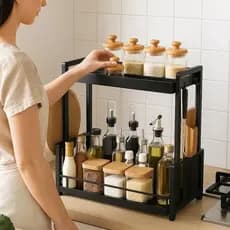 Organizador Temperos Preto Rack Frascos Prateleira Ganchos Bancada Cozinha Porta Condimentos