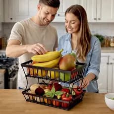 Fruteira Metálica 2 Andares Preta Organizador Bancada Cozinha Porta Frutas Legumes Cesto Decor