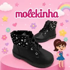 Bota Coturno Molekinha Infantil Feminino - Preto - Cadarço - Solado Tratorado - Estrelinha