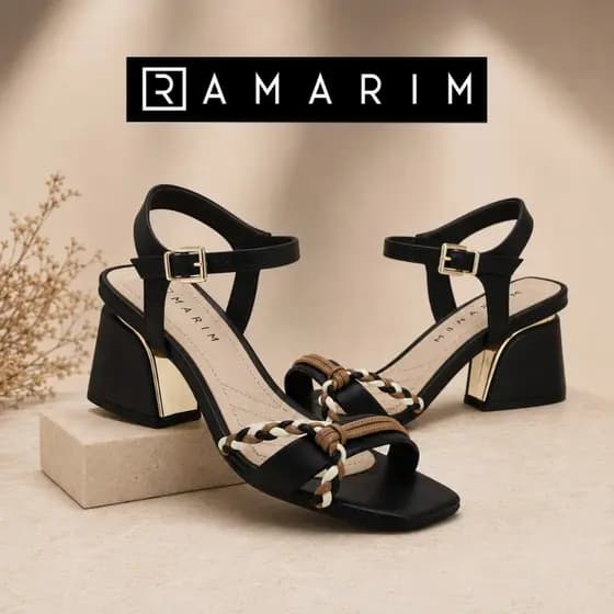Sandália Ramarim Salto Gota 7cm Detalhe de Trança Preto Clássico Elegante - Preto