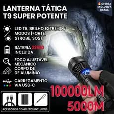 Lanterna T9 P50 Super Forte 5 Modos de Iluminação Corpo Resistente para Obra Camping