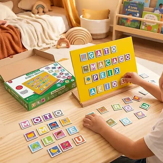 Brinquedo Alfabeto Magnético Madeira Letras figuras 80 peças Presente Infantil Educativo