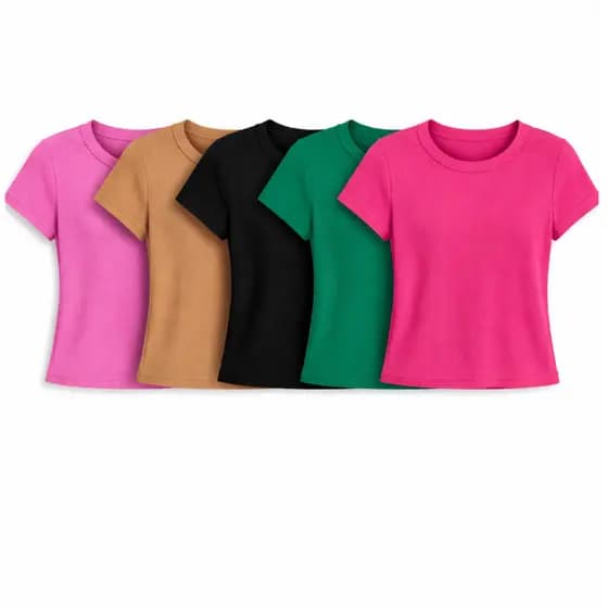 Camiseta Feminina Canelada Manga Curta Gola Redonda Básica Confortável