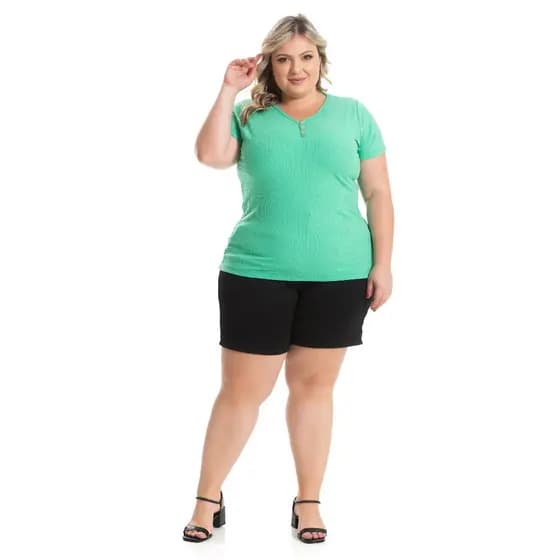 Blusa Feminina Plus Size Canelada Manga Curta com Botões Caimento Perfeito