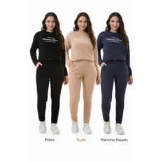 Conjunto Feminino Bouclê Blusa Manga Longa + Calça Jogger Confortável Inverno