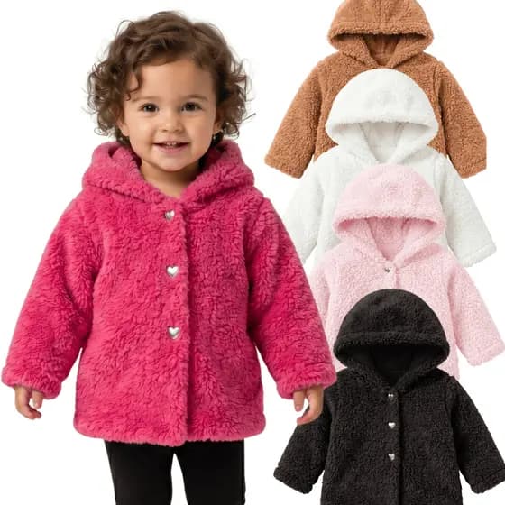 Casaco Bebê Infantil Feminino Teddy Peluciado com Capuz Botão Coração Quentinho Inverno Menina