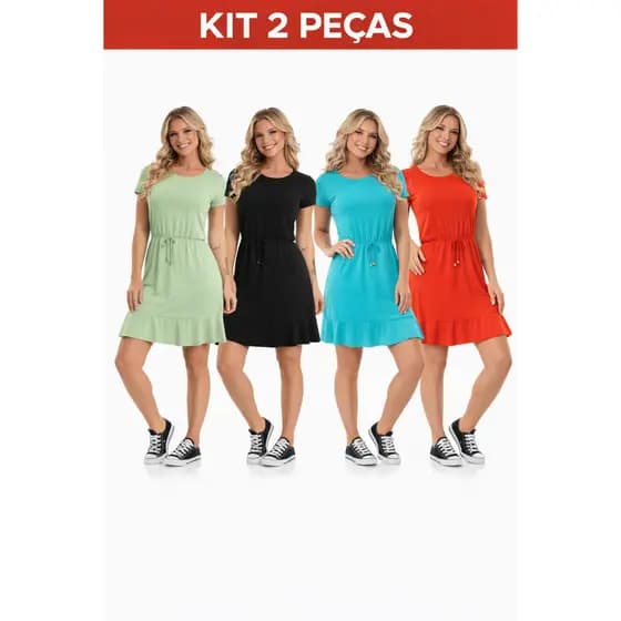 Kit 2 Vestidos Feminino Soltinho Curto Liso Viscolycra Premium