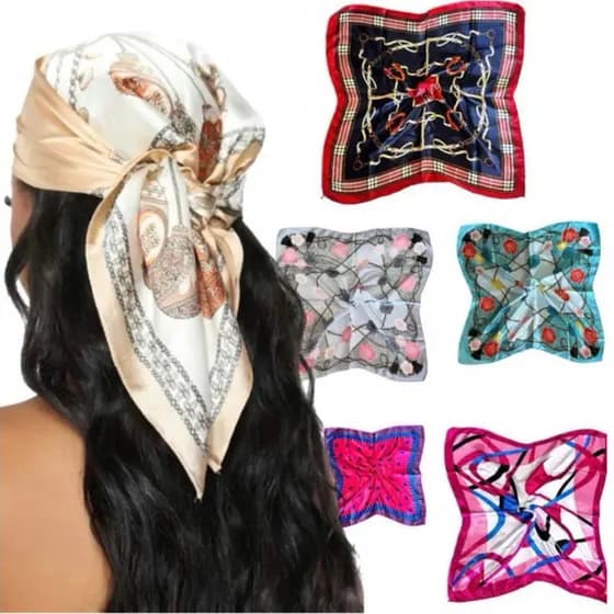 Kit 3 Lenços de Cabelo Femininos Estampados em Cetim 50x50cm – Acessório Versátil para Cabelo/ Pescoço e Looks