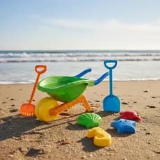 Brinquedo de Menino Carriola Infantil Praia Areia Com Rastelo, Pá e Forminhas