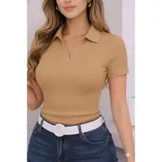 Blusa Polo Feminina Ribana Canelada Gola V Sem Botão Ajustada Moda Casual Elegante Tamanho P ao GG