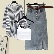 Plus Size feminino outono protetor solar camisa estilingue saia jeans conjunto de três peças