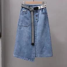 Saia jeans elástica feminina saia palavra Irregular moda Midi saia de algodão.