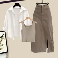 Conjunto feminino temperamento protetor solar camisa colete feminino saia jeans conjunto de três peças.