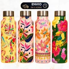 Garrafa de Água Aço Inox Estampada Tropical 800ml Estilo Farm
