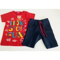 Conjunto Infantil Menino Vermelho Non Stop Fun + Bermuda Preta Tamanho 1 Ano